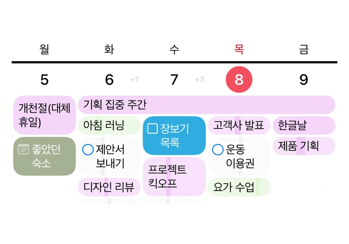 월간 캘린더에서 펼친 이번 주 — 10월 5일부터 9일까지의 일정, 할일과 노트