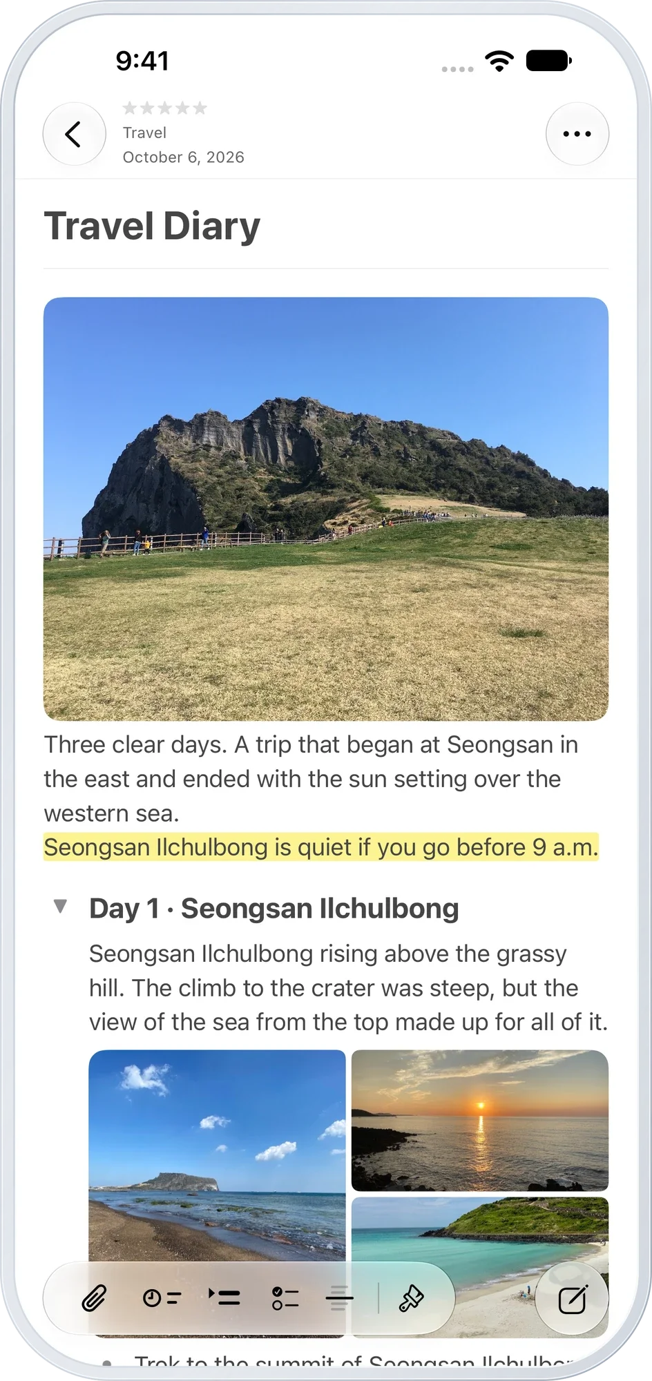 A travel journal with photos and writing