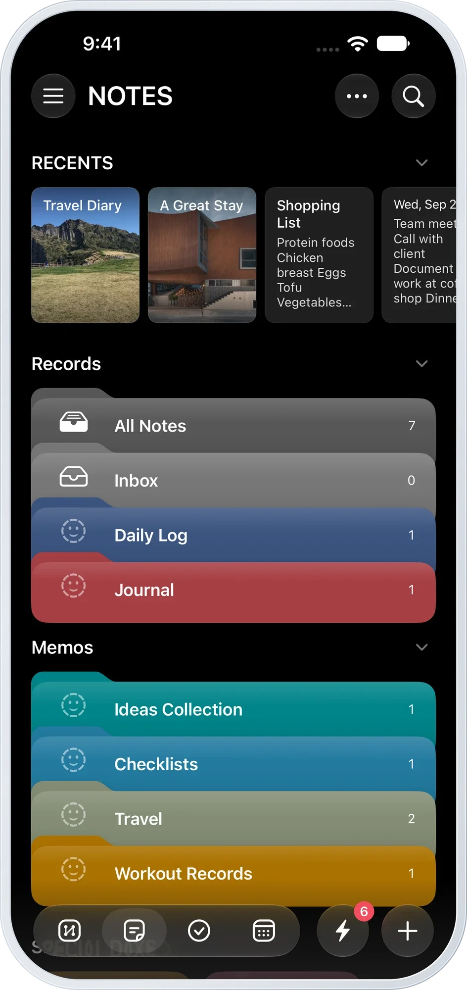 Notes home in dark mode, with recent notes and folders