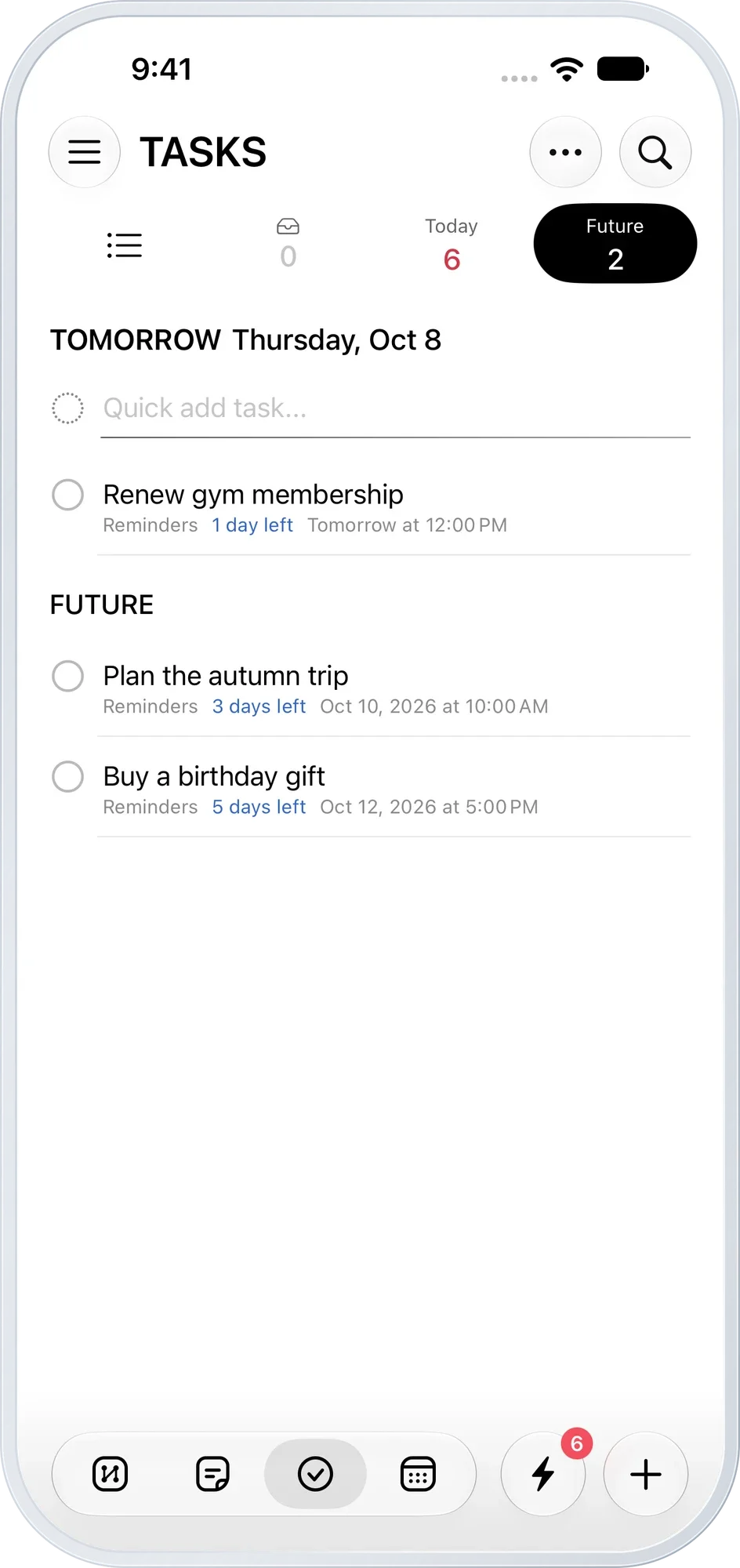 Upcoming tasks with tomorrow's and later due dates
