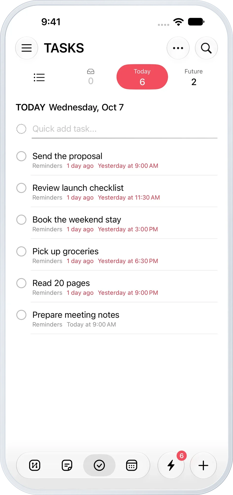 Today's task list with due times and checkboxes