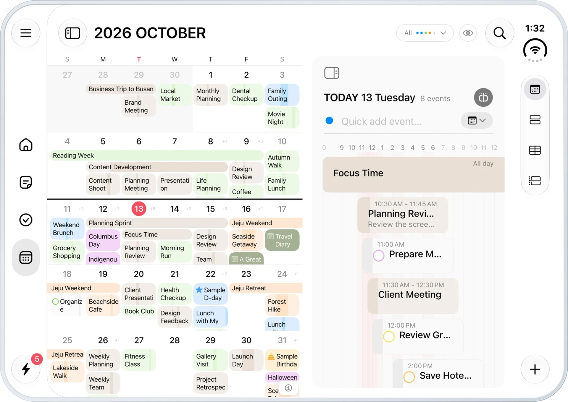 iPhone Duo — a monthly calendar beside the selected day's timeline