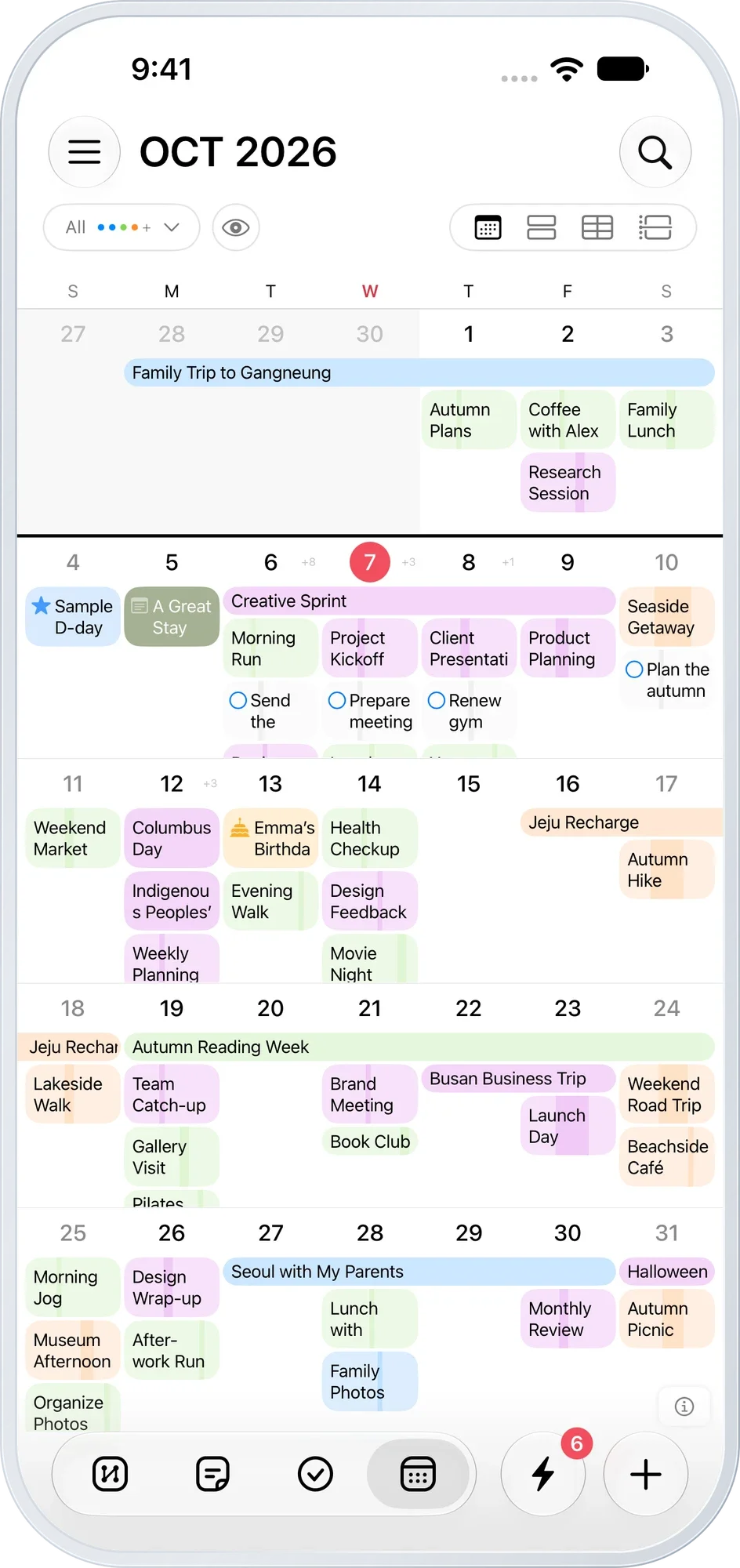 Monthly calendar — October events and notes
