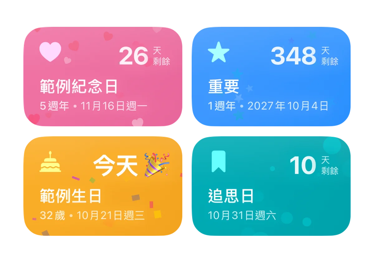 紀念日卡片 — 距離生日與重要日期的天數