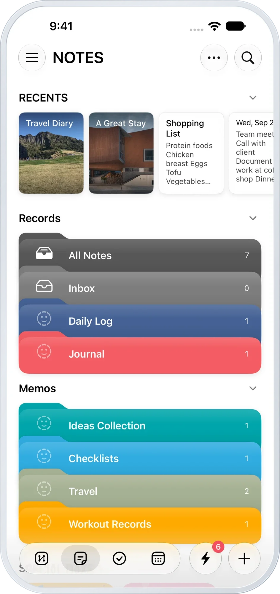 Notes home — recent items and topic folders