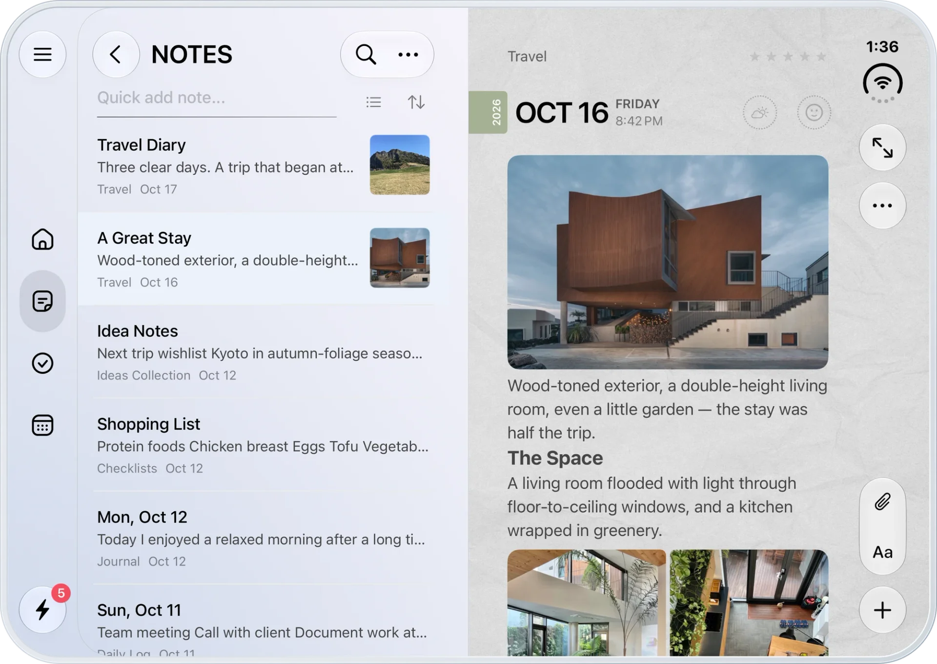 iPhone Duo — a note list beside a journal with photos and text