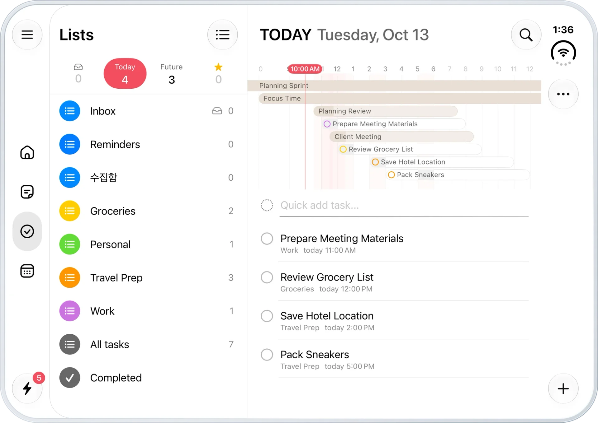 iPhone Duo — task folders, today's time bar and task list