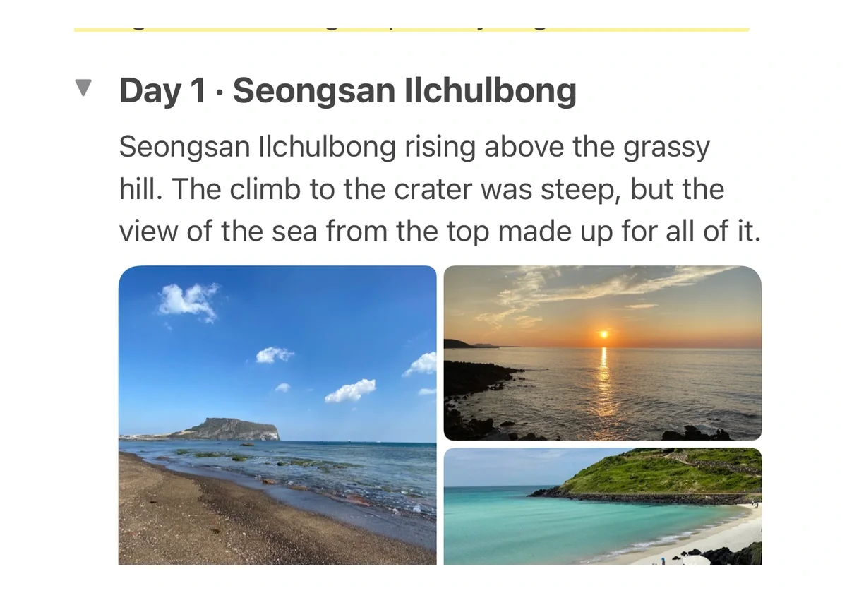 A travel journal with collapsible groups and multiple photos
