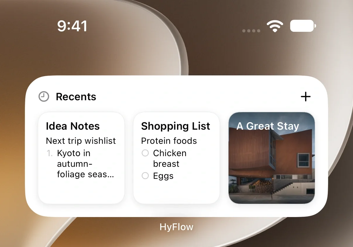 Recent items widget with ideas, a shopping list and photo notes
